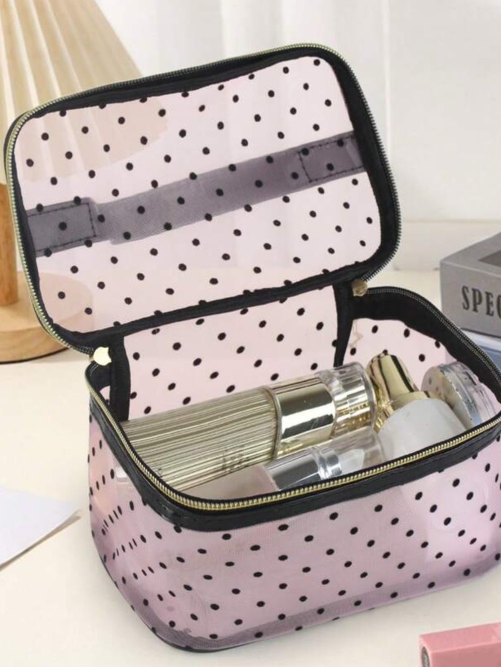 Polka Dot Pink Travel Makeup Bag Cosmetic Case